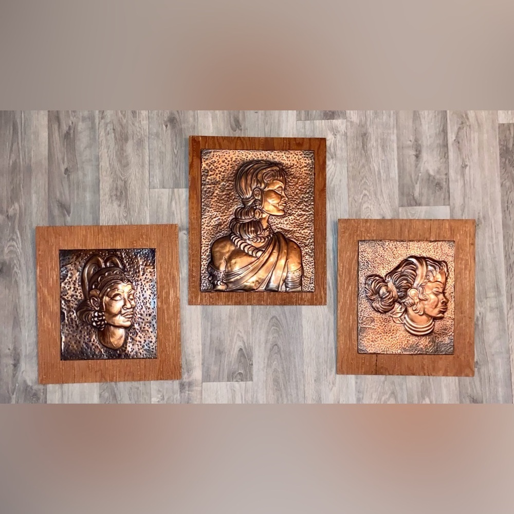 Set of 3 Vintage Wall mounted embossed Copper Arts‎ on Wood Canvas